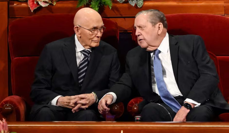 President Oaks and President Holland speak before General Conference in 2025.